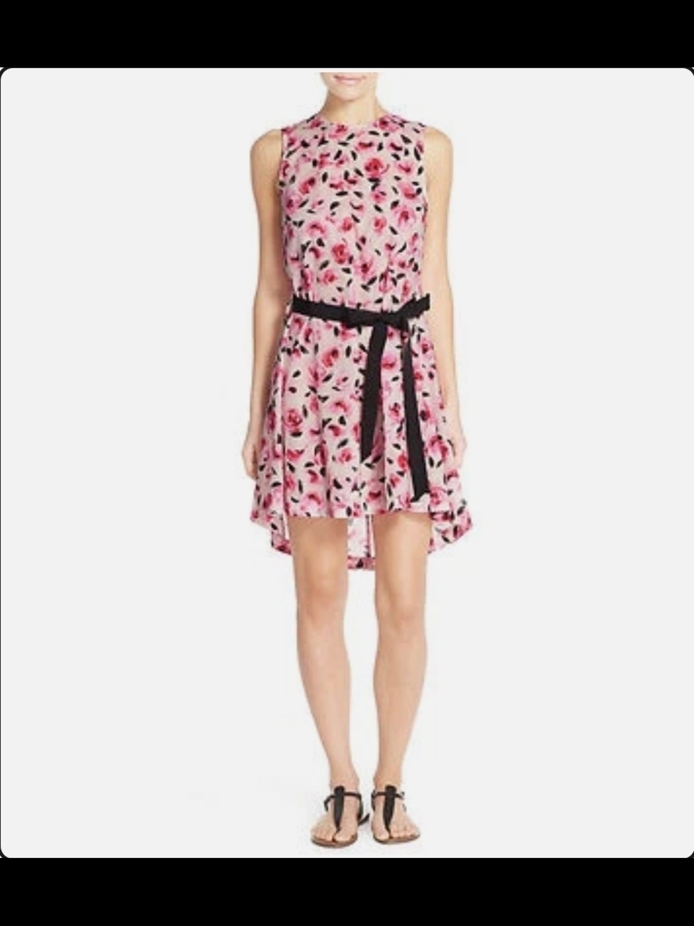 Kate Spade Pink Floral Sleeveless High-Low Dress with Black Waist Tie